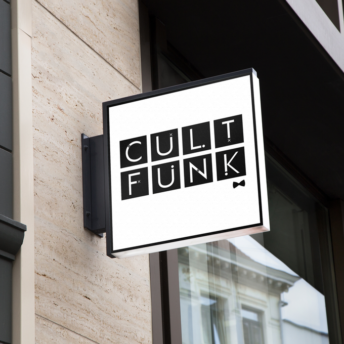  Sign with 'CULT FUNK' logo as text on a building facade for branding and signage purpose