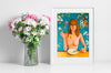 Lifestyle product photograph of the limited edition archival art print SPAGHETTI by Nemozine, displayed in a white frame next to a glass vase filled with white and pink flowers.
