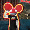 An extreme close-up of a graphic fabric print showcasing a stylized character wearing a red deadmau5 helmet and a black t-shirt with the word 'DIVISION' repeated, making a hand gesture against a textured, industrial grunge background.