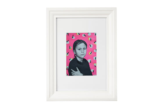 Framed charcoal artwork with a portrait and big black ants on a pop pink background 