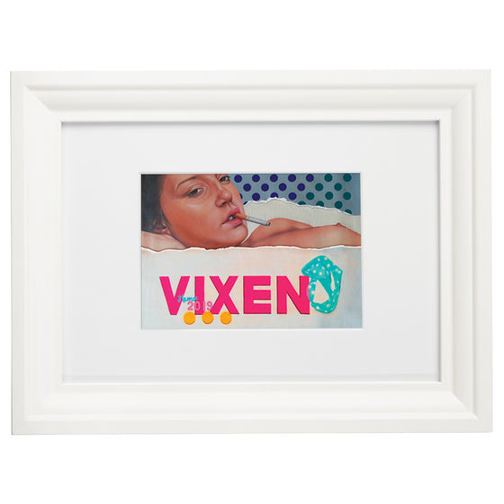 Framed artwork with Adèle Exarchopoulos face and 'VIXEN' text, inspired from the french movie 'Blue is the warmest color', on a white background