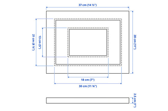 Measurement chart of a rectangular art frame (landscape) with dimensions in centimeters and inches.