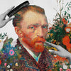 An extreme close-up of a graphic fabric print showcasing a stylized Vincent van Gogh self-portrait. The design integrates colorful flowers into his clothing and background, with a grayscale hand holding a black comb to his hair and another grayscale hand near his face.