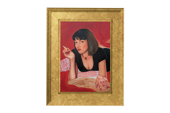 Gold framed artwork of a woman in a black dress lying with a cigarette in her hand, a red background oil painting depicting the cinematic cult movie Pulp Fiction featuring Uma Thurman