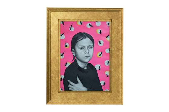 Charcoal drawing of a resilient innocent girl, with a fluoroscent pink background and big black ants, mounted in a gold frame on a white wall