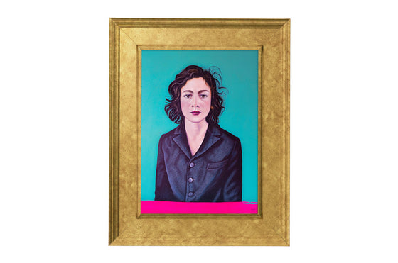 oil painting portrait wearing a blazer, caucasian complexion & short hair,  with a teal background and hot pink accent, in a gold frame on a white wall