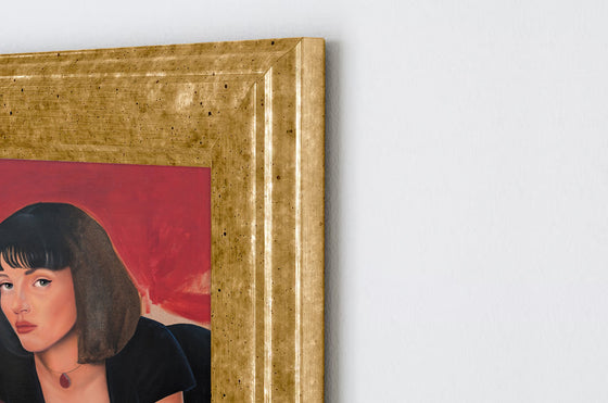 Closeup of a gold framed artwork of a woman in a black dress, with a red background, it is an oil painting based on a still from the cinematic cult movie Pulp Fiction featuring Uma Thurman