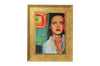 Golden framed artwork with a colorful abstract design and a womans portrait with a cigeratte in her hand and a pearl necklace on her.