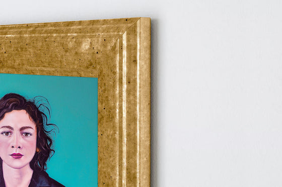 closeup of a portrait in oil paint medium, wearing a blazer, caucasian complexion & short hair, with a teal background, in a gold frame on a white wall