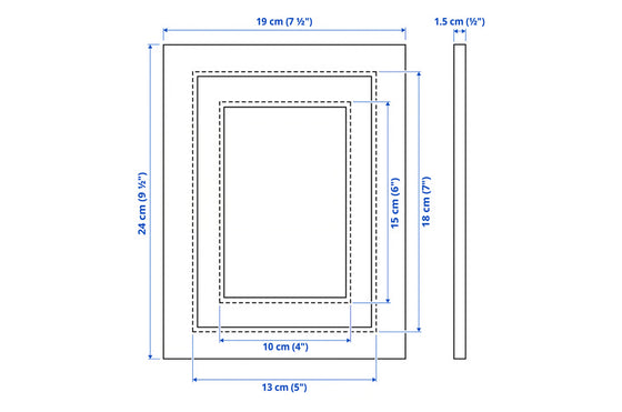 Measurement chart of a rectangular frame (portrait) with dimensions in centimeters and inches.