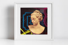  mixed media artwork of a classical bust with colorful abstract design in the background, mounted and framed, on a minimalist white background