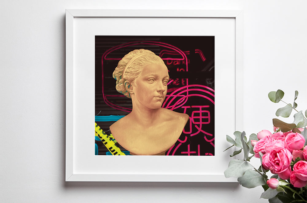  Oil painting of a classical bust by Pajou Augustin, with a pop modern design elements backdrop, mounted in a white wooden frame, on a white wall.