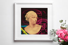  Oil painting of a classical bust by Pajou Augustin, with a pop modern design elements backdrop, mounted in a white wooden frame, on a white wall.