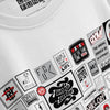 An angled, close-up product shot of a white t-shirt showing a detailed view of a collage-style graphic print. The print consists of various small, square-framed designs featuring black, white, and red text and illustrations, including witty slogans like 'BUY ART NOT COCAINE,' 'I THINK SHARKS EAT PEOPLE JUST TO BE ON TV!', and 'NEVER DO THE SAME THING TWICE,' with the brand tag visible near the collar.