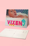 Mixed-media 'VIXEN' postcard design, featuring a portrait of a woman smoking, stylized polka dots, and bold typography on a light pink background.