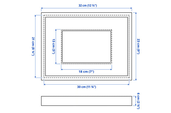 Measurement chart of a rectangular (landscape) mounted art frame with dimensions labeled in cm and inch