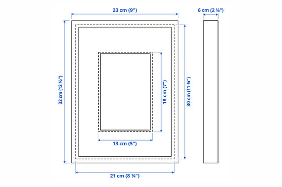 Measurement chart of a rectangular (portrait) wooden frame for art prints, with dimensions in centimeters and inches.